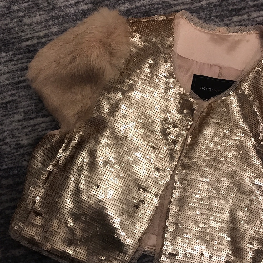 Bcbg sequin gold and fur cropped jacket