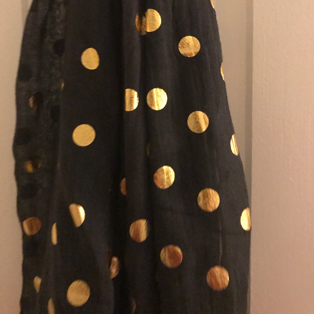 Navy and gold polka dot scarf