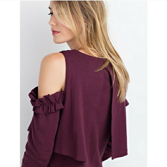 Ruffled cold shoulder sweater & split overlay back - Picture 2 of 3