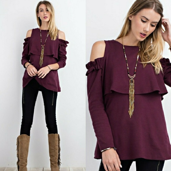 Ruffled cold shoulder sweater & split overlay back - Picture 3 of 3