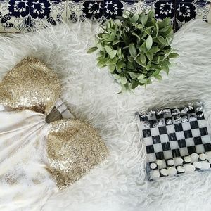 LA FEMME gold and white strapless evening dress
