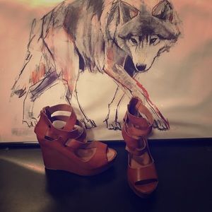 Strappy Peep-Toe Faux Leather Platform Wedges