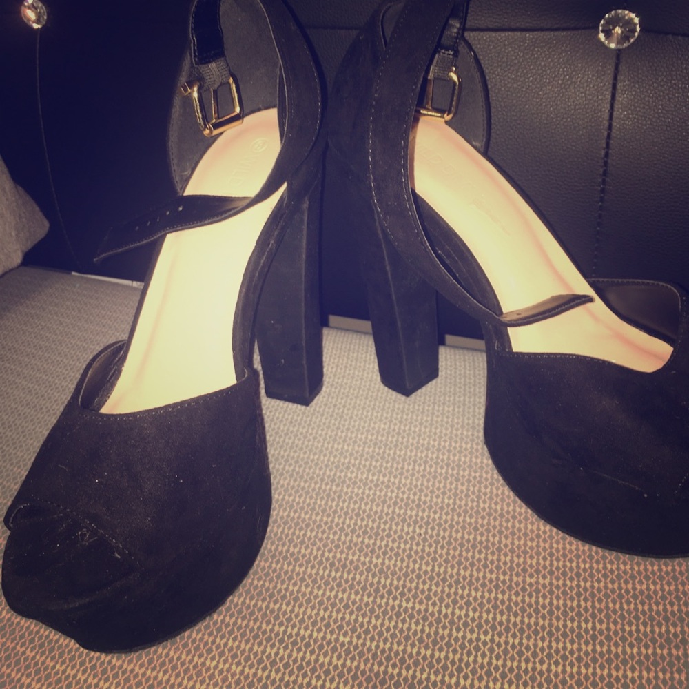 Worn Once, Black Faux Suede Platform Heels