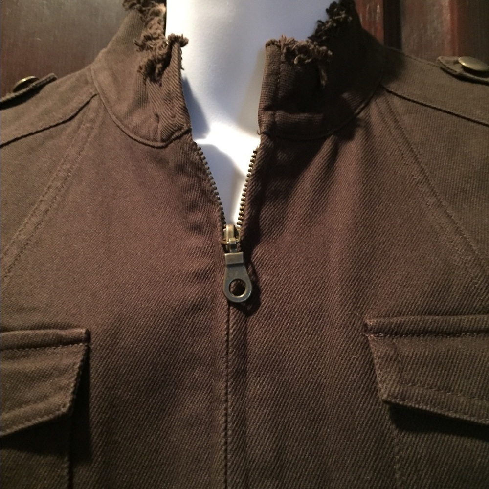 INC Brown Denim Jean jacket Zip front, frayed Sz M