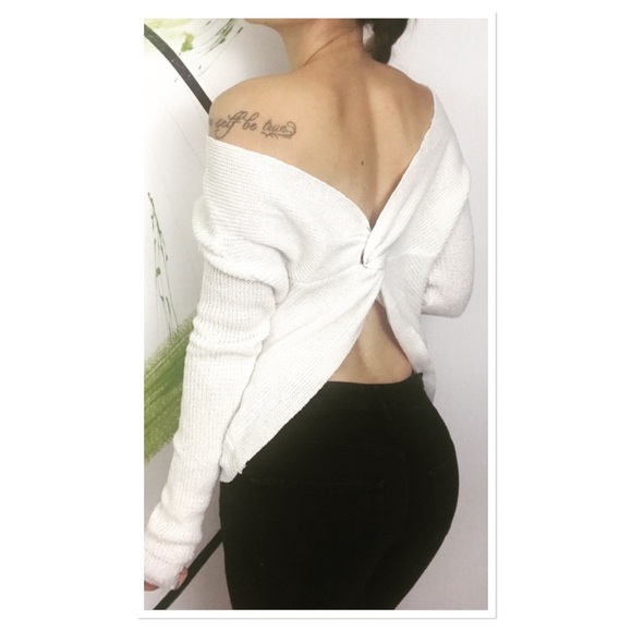 Sweaters - Off the shoulder open back knot knitted sweater