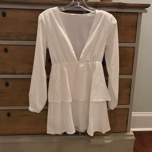 Ivory deep V neck self tie tiered dress