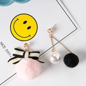 Cute Pom Pom Bowknot asymmetrical long earrings