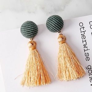 Apricot & green fringed tassel velvetdrop earrings