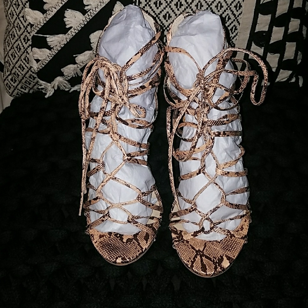 JustFab Snake Print Lace Up Heels