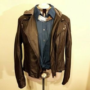 Faux leather jacket with sweater hood.