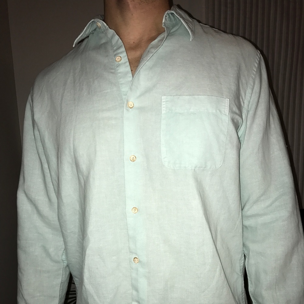 Linen, cotton blend long sleeve button down shirt