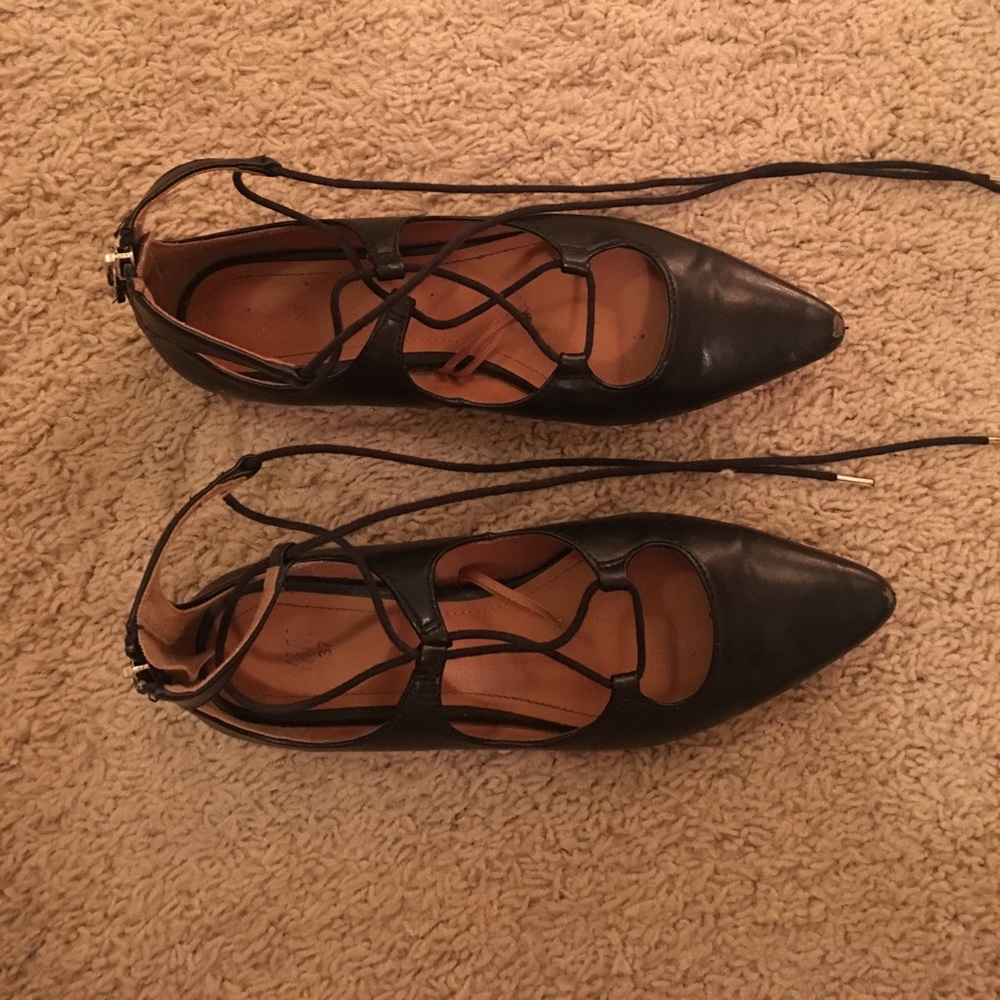 Black lace up pointed flats
