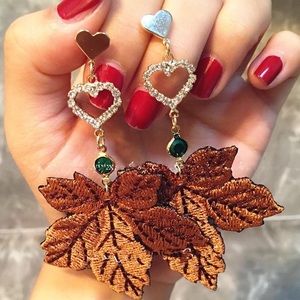 Embroidery Maple Leaf Rhinestone Heart Earrings