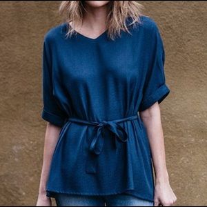 AMARYLLIS Navy Tie-Waist Linen-Blend V-Neck Top