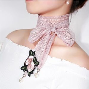 Embroidery Pink rose Flower Pearl scarf choker
