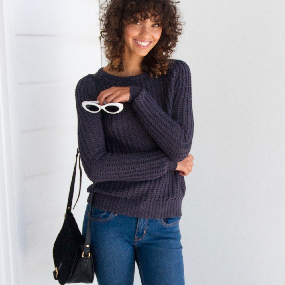 LAST 1 COMPTON Waffle Loose Knit Sweater - Steel