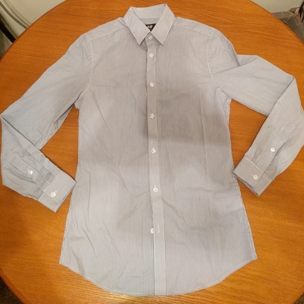 Blue and white striped button up