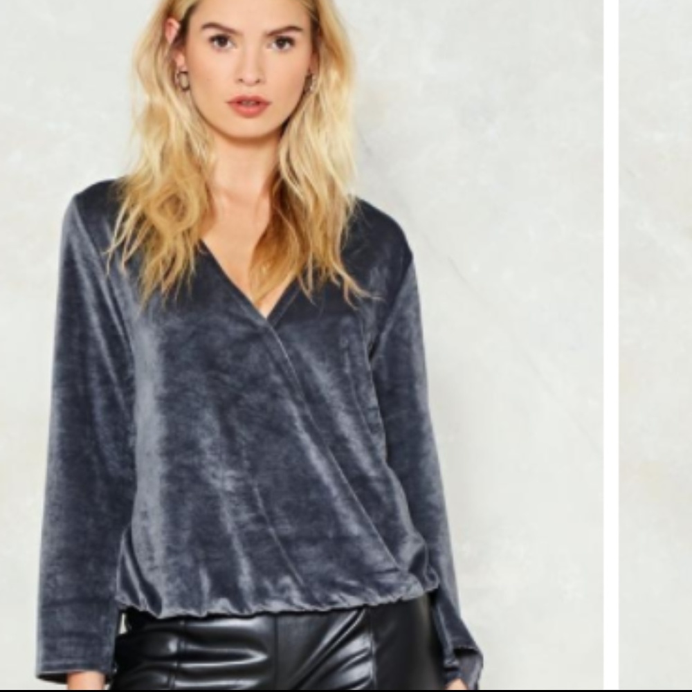 Soft Side Ribbed Velvet Wrap Style Top - Picture 2 of 4