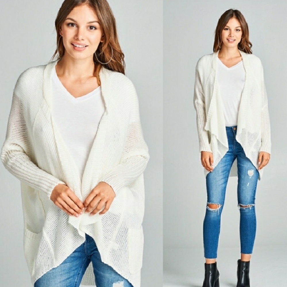 White Oversized Knit Open Drop Sleeve Cardigan