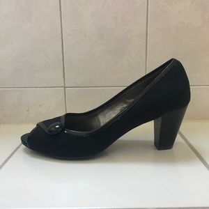 Matte Black Peep-Toe Heels with Button Detail