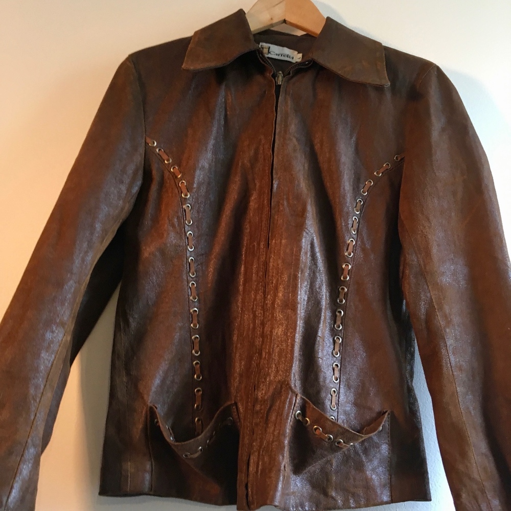 Brown Faux Leather Jacket w/ Silver Embellishment