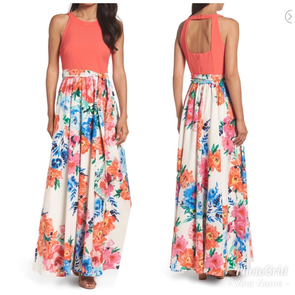 Eliza J flowery elegant maxi with cutout back