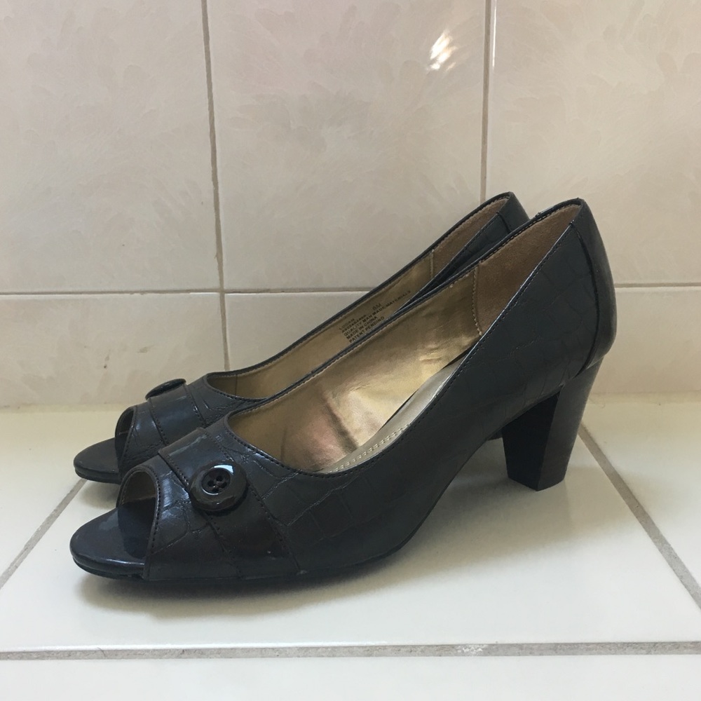 Dark Brown Faux Alligator Peep-Toe Heels