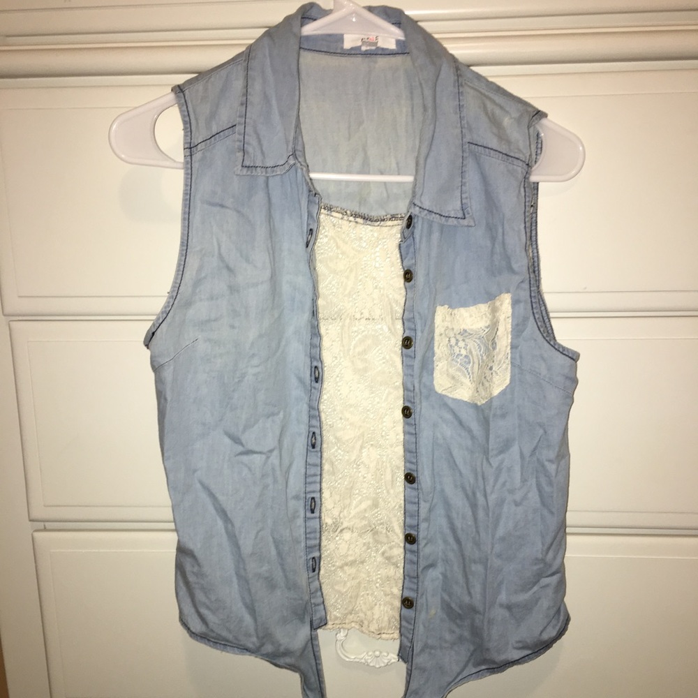 Tie Front Lace Embellished Denim Top
