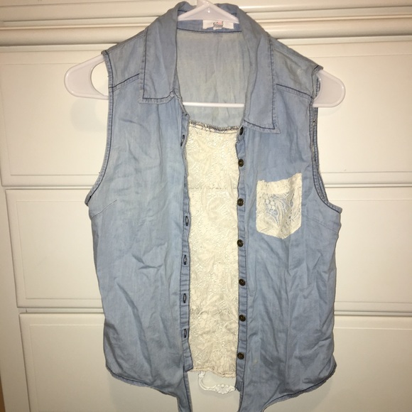 Tie Front Lace Embellished Denim Top - Picture 1 of 3