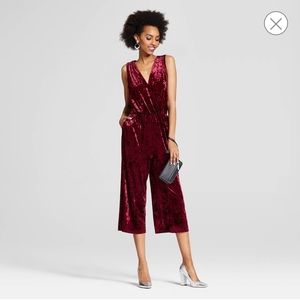 Target burgundy crushed velvet jumpsuit