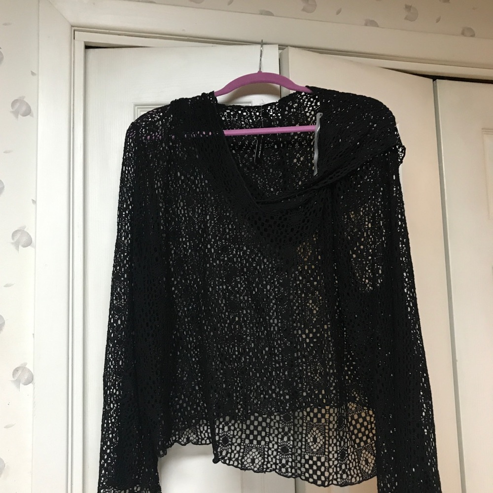Hot Topic Black hooded poncho sheer crocheted top