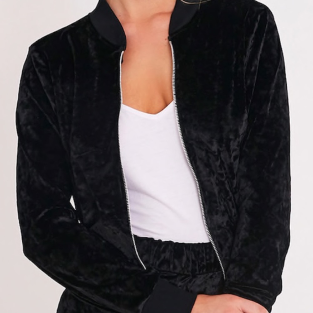 Ayisha Black Crushed Velvet Bomber Jacket