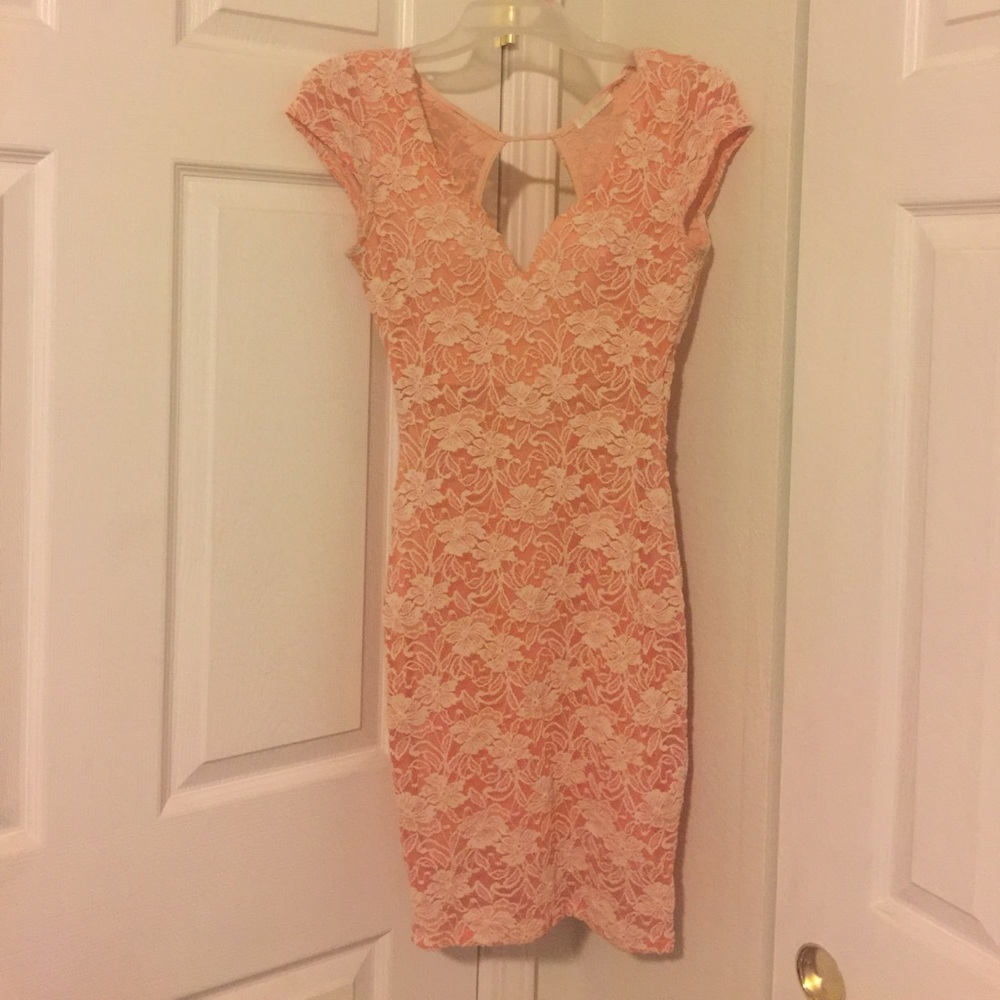 A peach colored dress