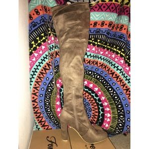 Taupe over the knee chunky heel booties