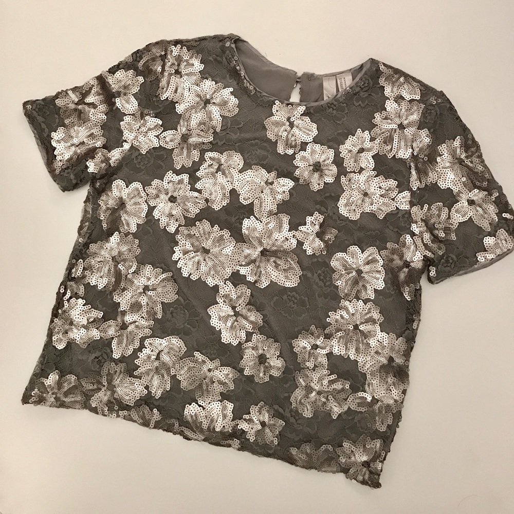Forever 21 Silver Grey Sparkle Lace Sequins Top