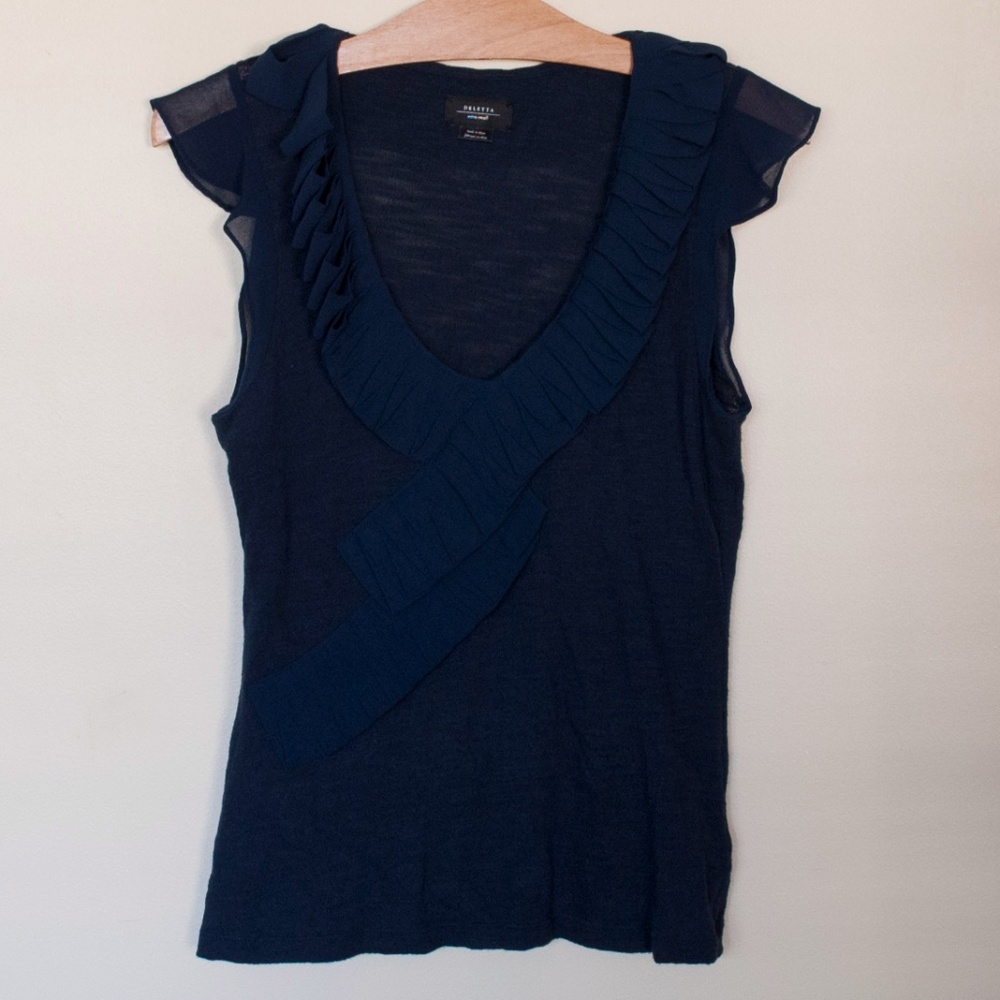 Anthro Deletta navy blue textured ruffled blouse