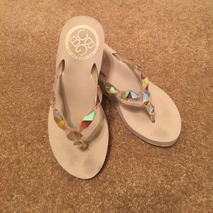 BCBG Heeled flip flops with iridescent rhinestones