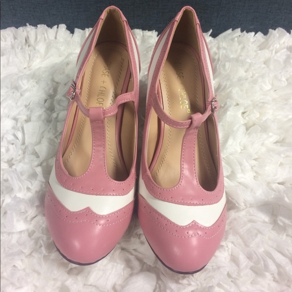 Wing Tipped Retro Pink White Heels Shoes Vintage - Picture 4 of 4