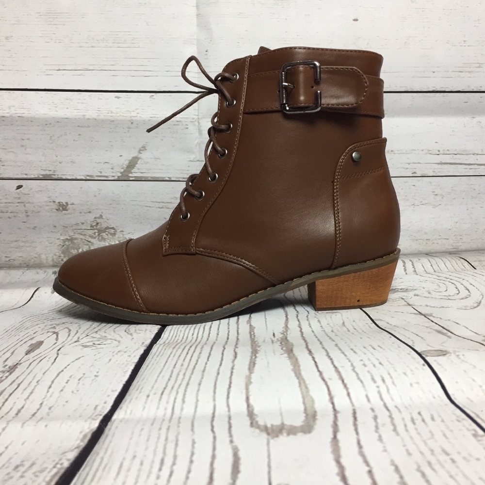 New Brown Laced Zip Ankle Bootie Short Heel