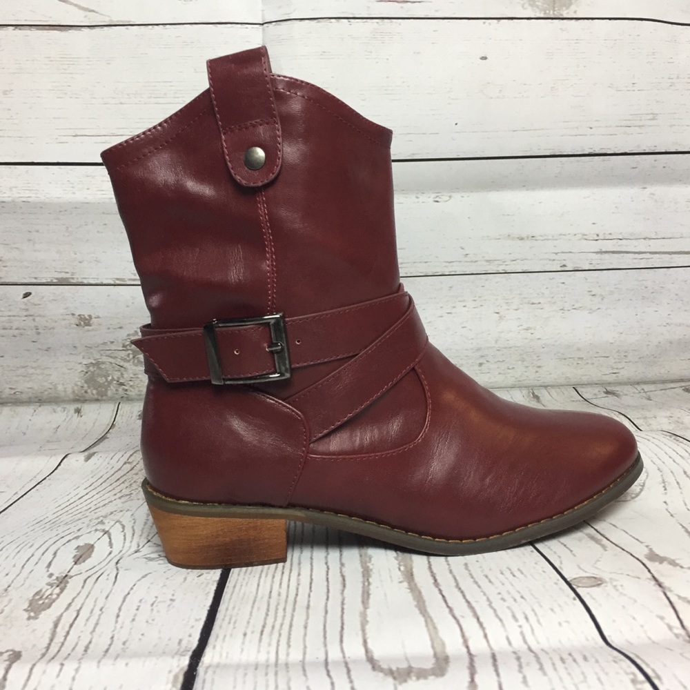 New Maroon Ankle Bootie Single Belt Buckle Slip On
