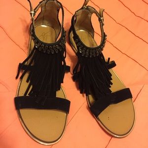 Black Suede Fringe Sandals