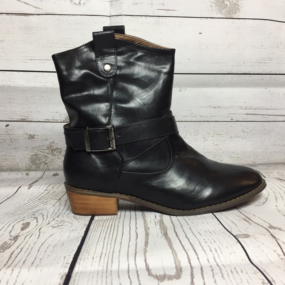 New Black Ankle Bootie Single Belt Buckle Slip On