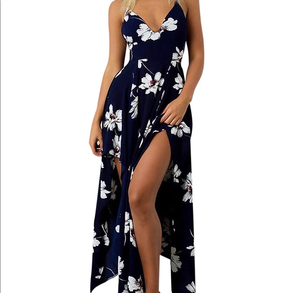 Gorgeous blue flower maxi split dress
