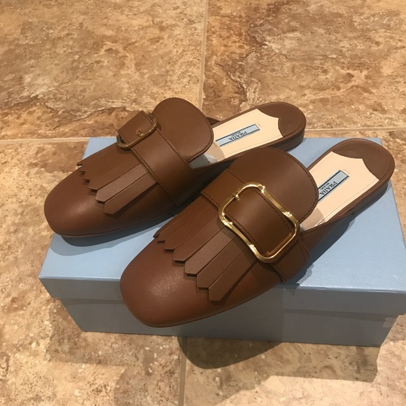 Prada Leather Buckle Kiltie Mule Flat 