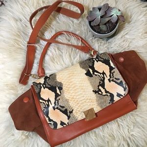 Cognac Snake-Detail Vegan Leather Bag