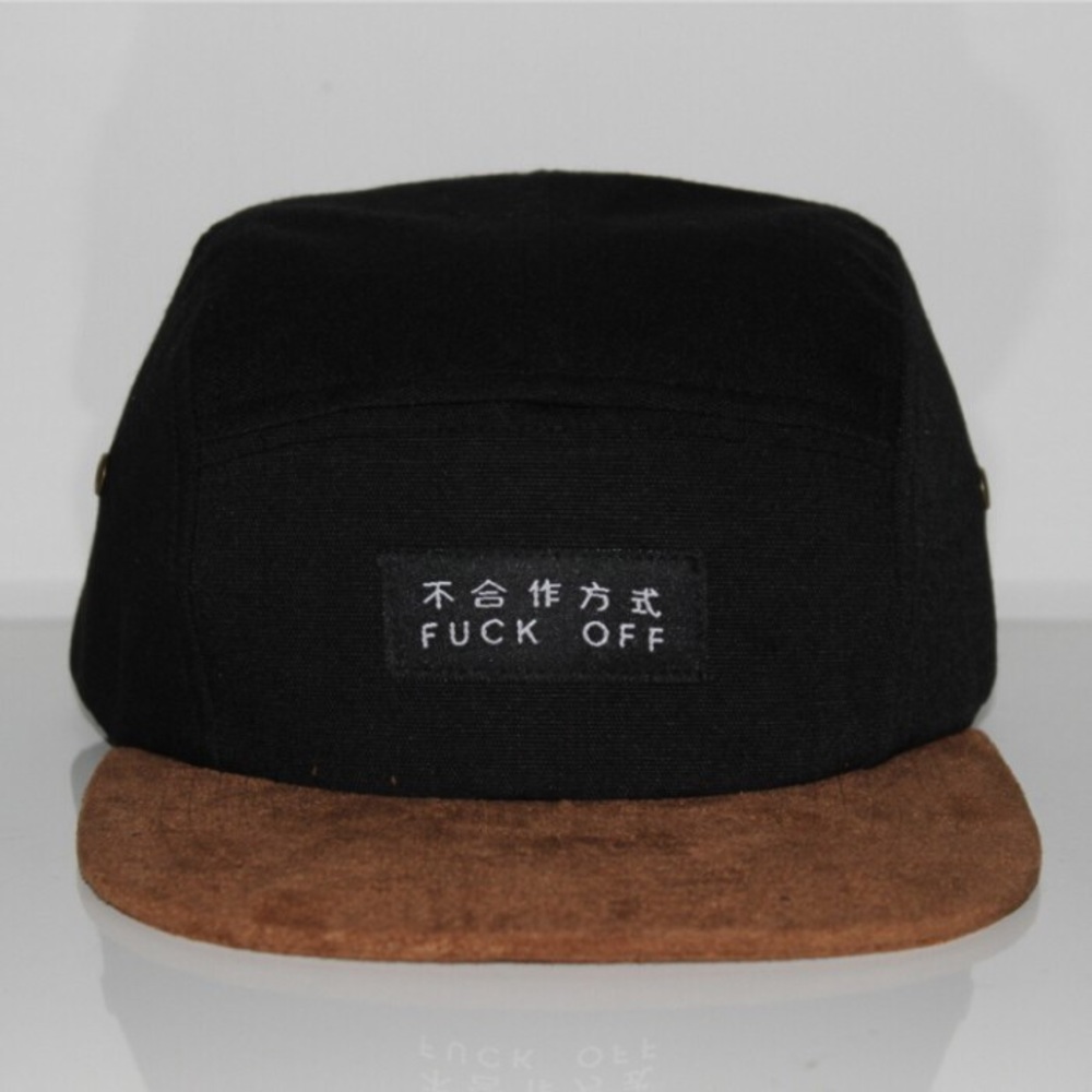 Five panel Japanese kanji “fuck off” hat.