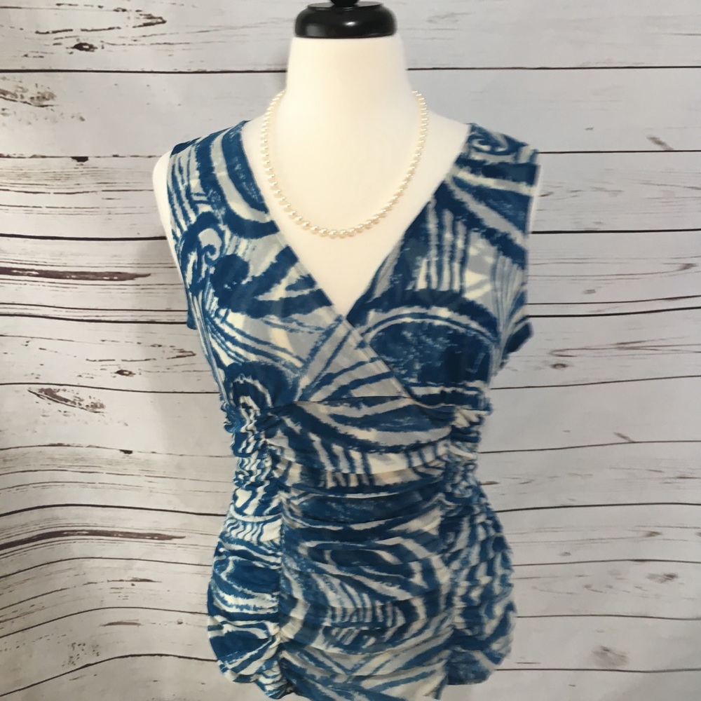 INC Sleeveless Teal Blue & Winter Top SZ LG EUC