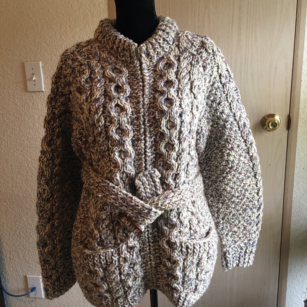 Long hand-knit Irish wool sweater with belt