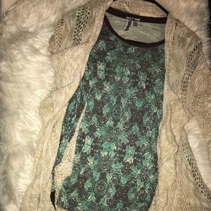 Lace Cardigan with Long Sleeved Shirt.