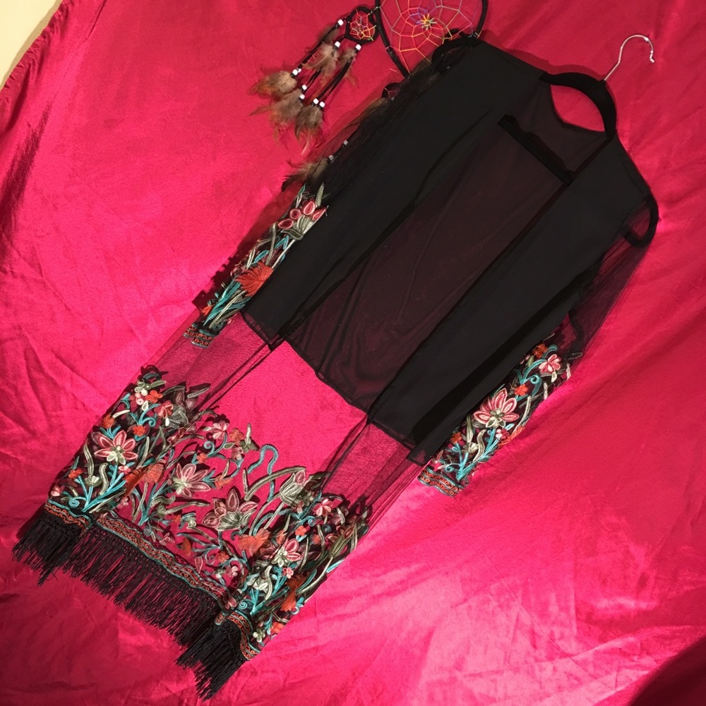 Sheer trench cover with floral embroidery